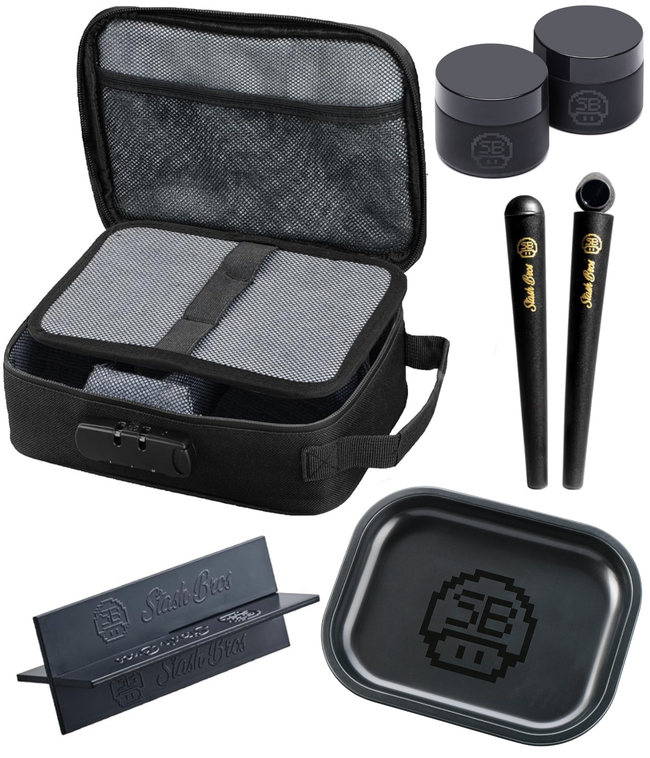 Stash Bros Smell Proof Case with 2 Airtight Tubes, Rolling Tray, V-Card and 2x UV Jar