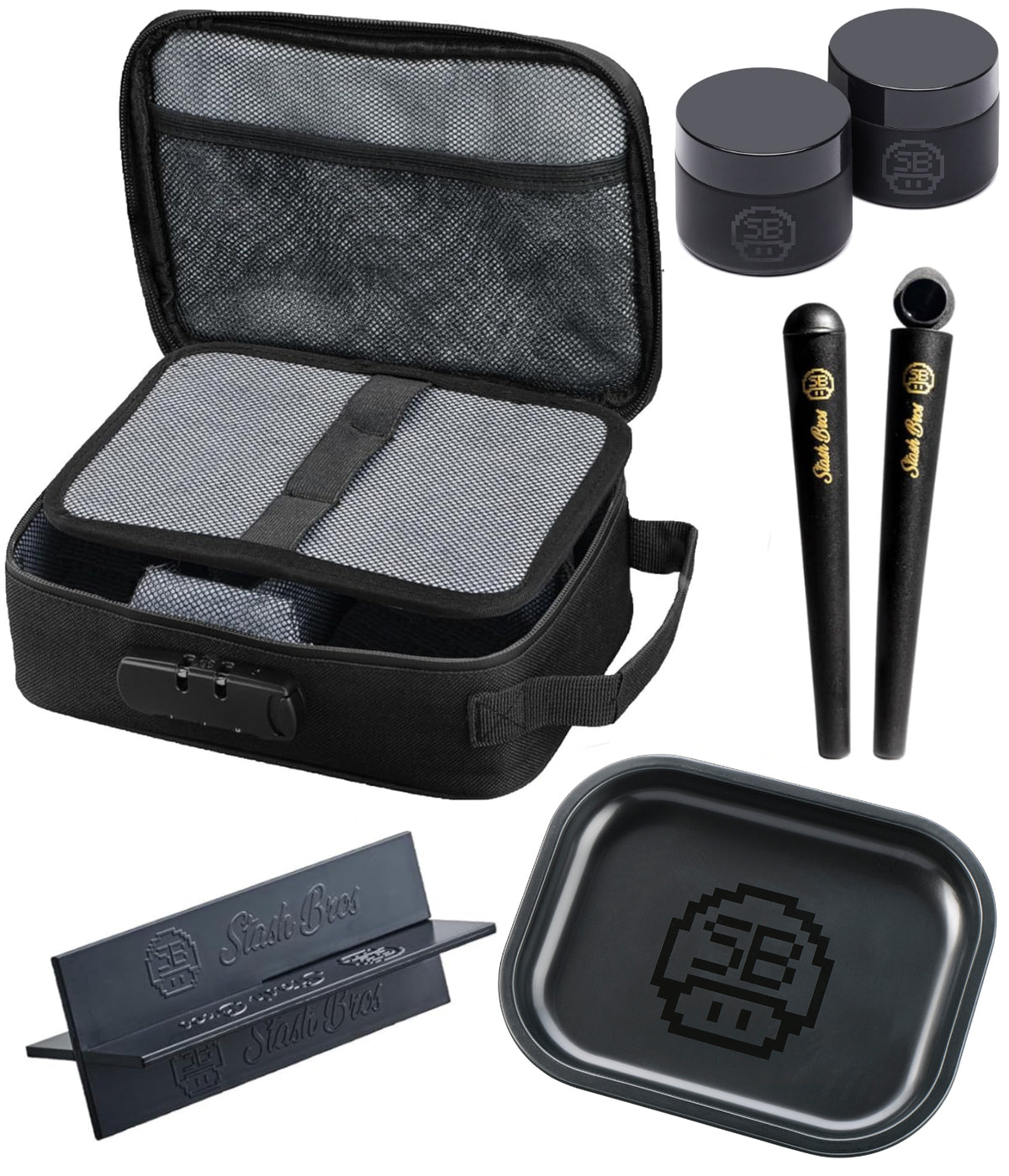 Stash Bros Smell Proof Case with 2 Airtight Tubes, Rolling Tray, V-Card and 2x UV Jar