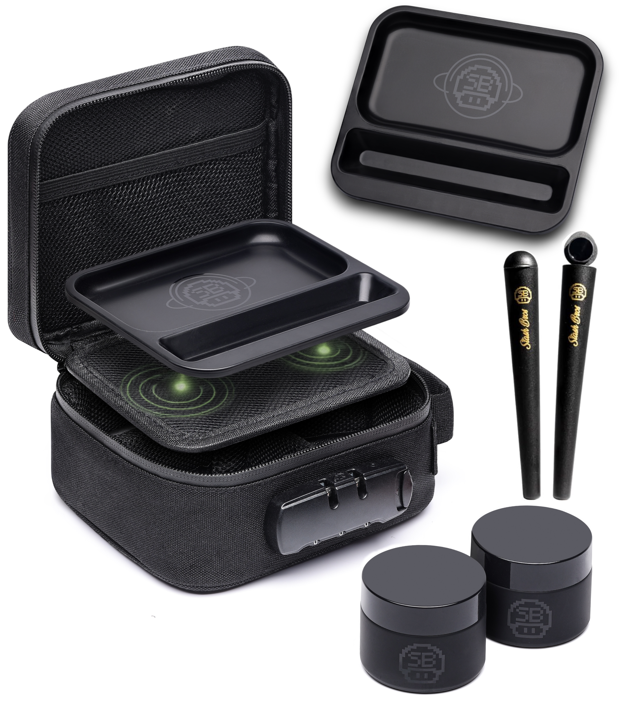 Stash Bros Magnetic Case Smell Proof Storage System with 2x UV jars, V-Tray & 2x Tubes